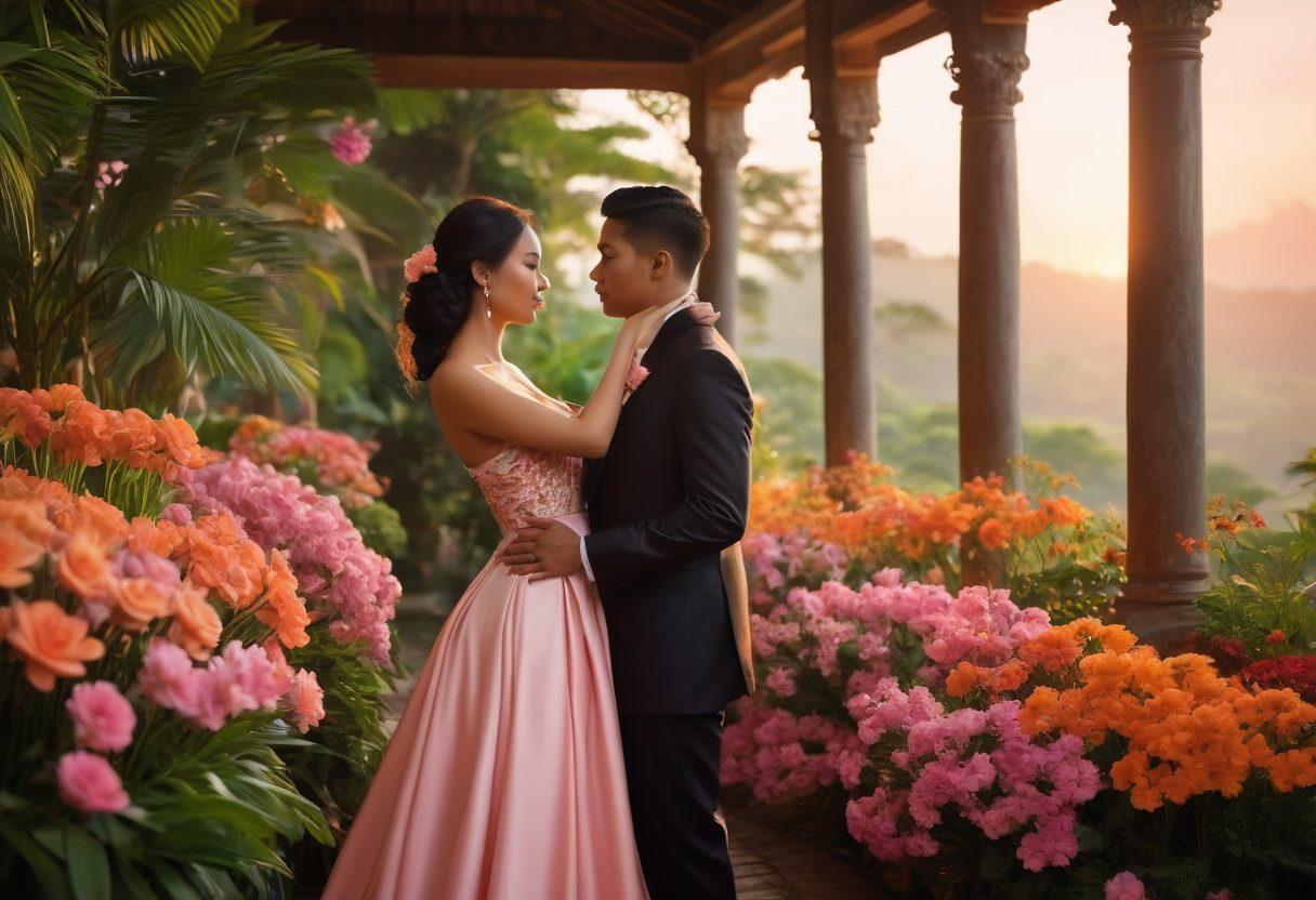 A mesmerizing scene depicting a romantic Indonesian landscape at sunset, featuring lush greenery and traditional architecture. In the foreground, an elegant couple sharing an intimate gaze, surrounded by delicate floral arrangements, hinting at sensuality without explicitness. The overall color palette enhances the mood, with warm oranges and soft pinks blending harmoniously. The setting should evoke a sense of passion and allure, inviting the viewer into a world of eroticism and romance. vibrant colors. super-realistic.