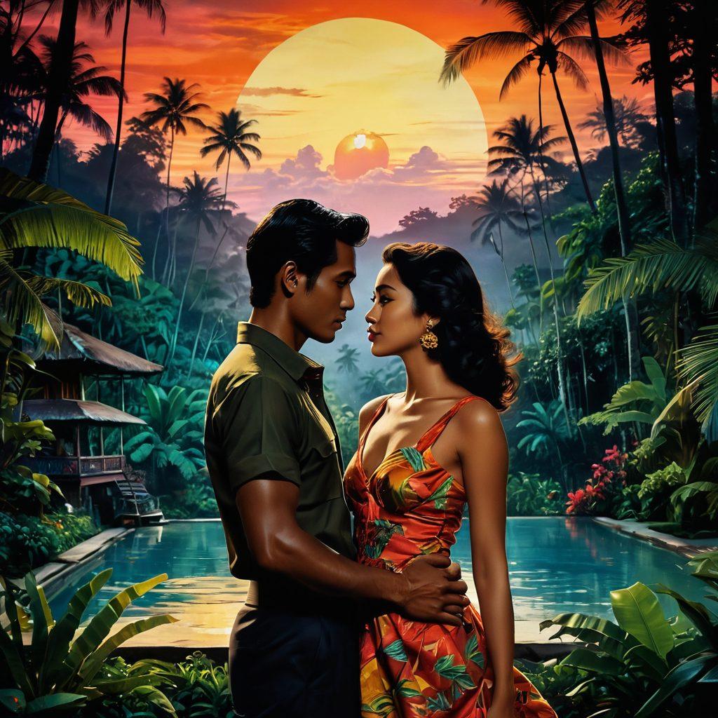 A collage of iconic Indonesian film posters blending elements of sensuality and romance, featuring lush tropical landscapes and traditional Balinese culture. Integrate subtle hints of film reels and soft focus lighting to evoke a nostalgic yet exotic mood. Include silhouettes of couples amidst vibrant colors and flowing fabrics, capturing the essence of allure and connection. painting. vibrant colors. moody atmosphere.