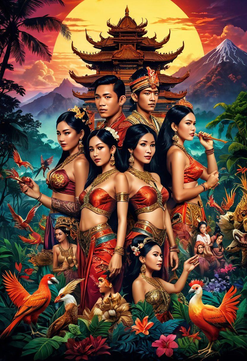 A vibrant collage depicting various themes in Indonesian adult entertainment, showcasing traditional and modern elements, intertwining cultural motifs with fantasy imagery. Emphasize diversity through rich colors and textures, featuring characters in traditional attire blending into a dreamlike fantasy landscape. Use dynamic lighting to create an enchanting atmosphere. super-realistic. vibrant colors. intricate details.